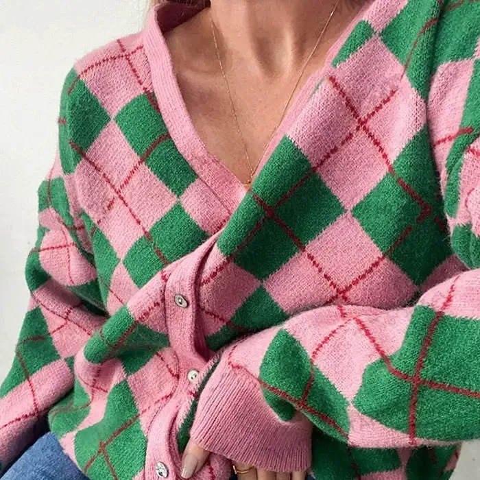 Pink Argyle Cardigan V-Neck Y2K Style Full Zip Jacket