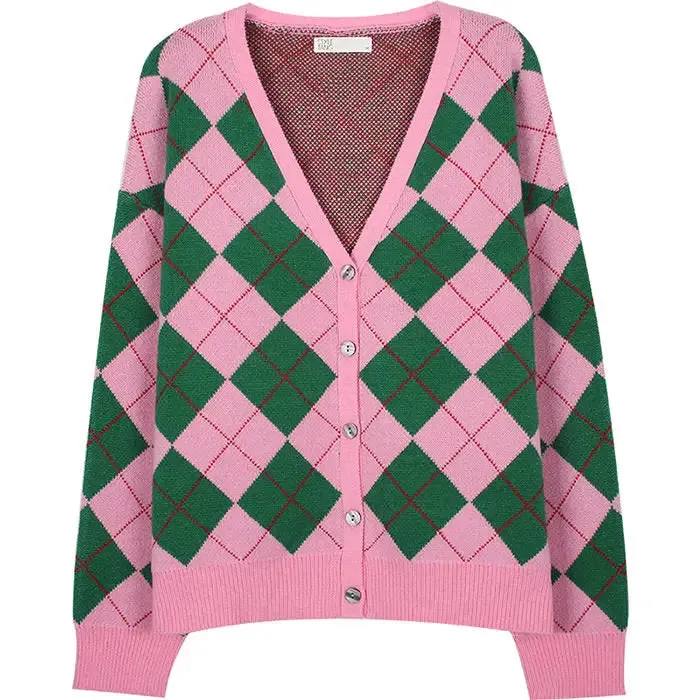 Pink Argyle Cardigan V-Neck Y2K Style Full Zip Jacket