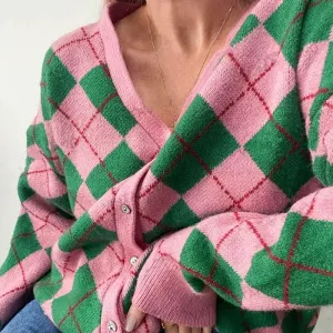 Pink Argyle Cardigan V-Neck Y2K Style Full Zip Jacket