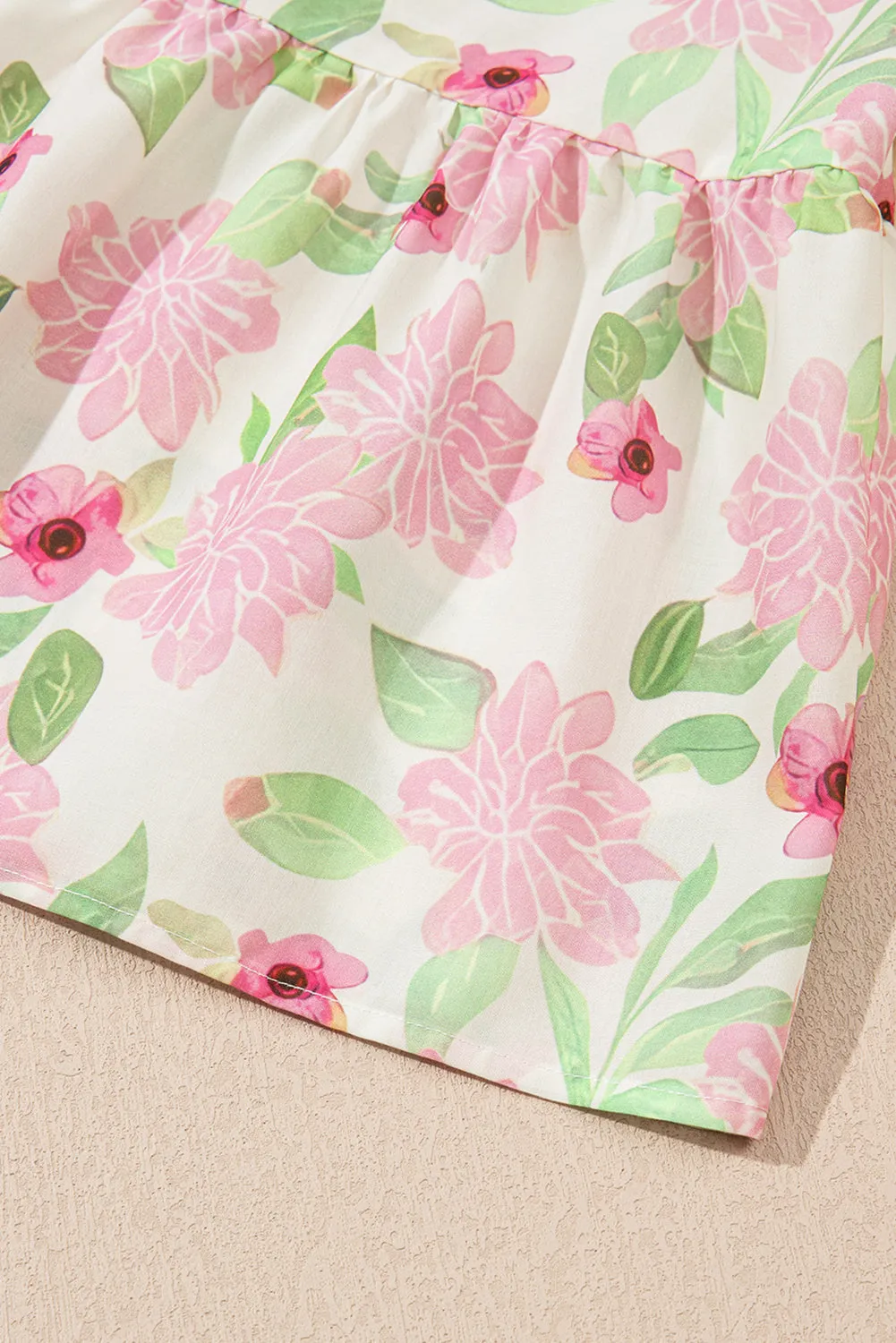 Pink Floral Print Drawstring V Neck Peplum Blouse for Women
