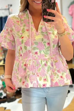Pink Floral Print Drawstring V Neck Peplum Blouse for Women