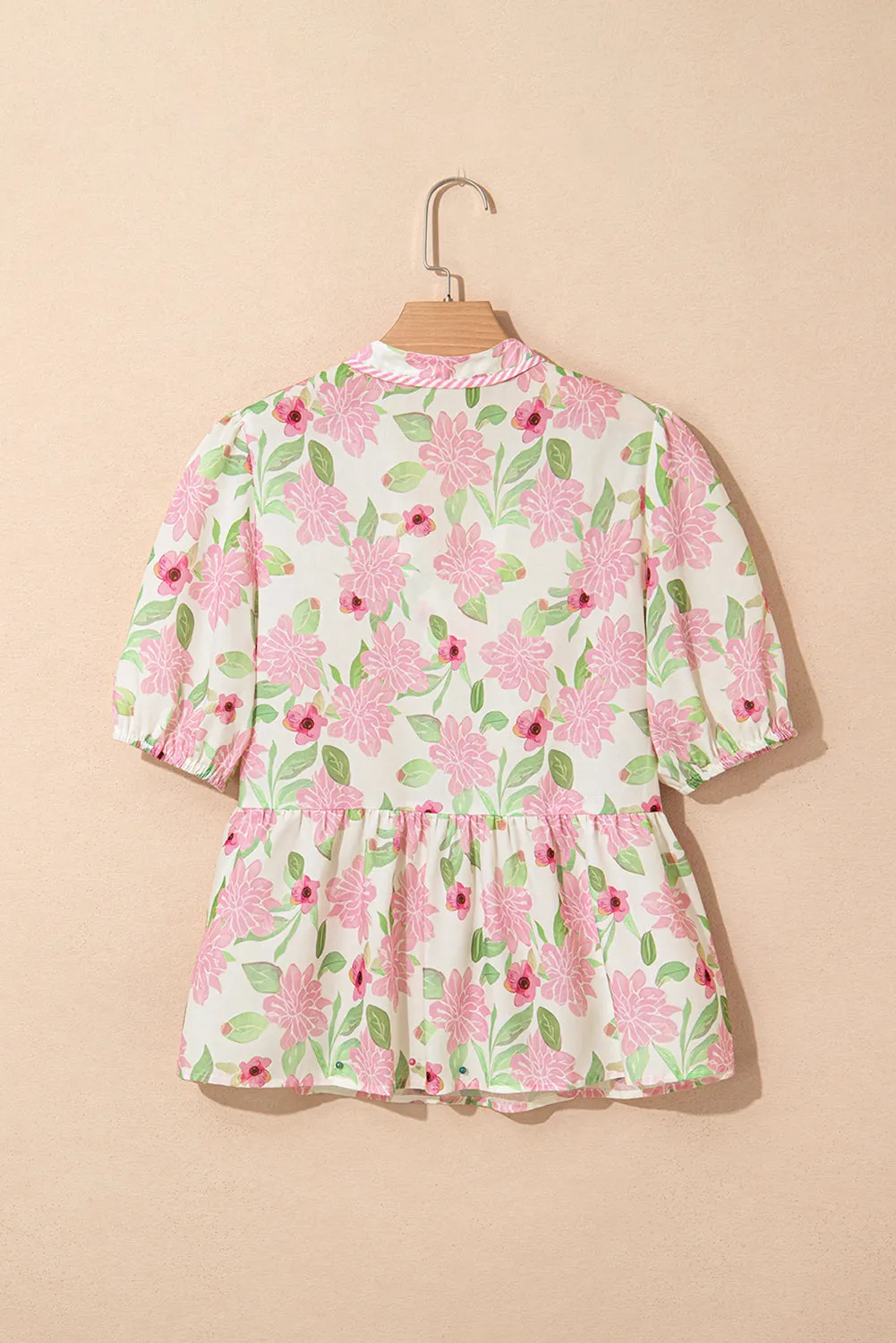 Pink Floral Print Drawstring V Neck Peplum Blouse for Women