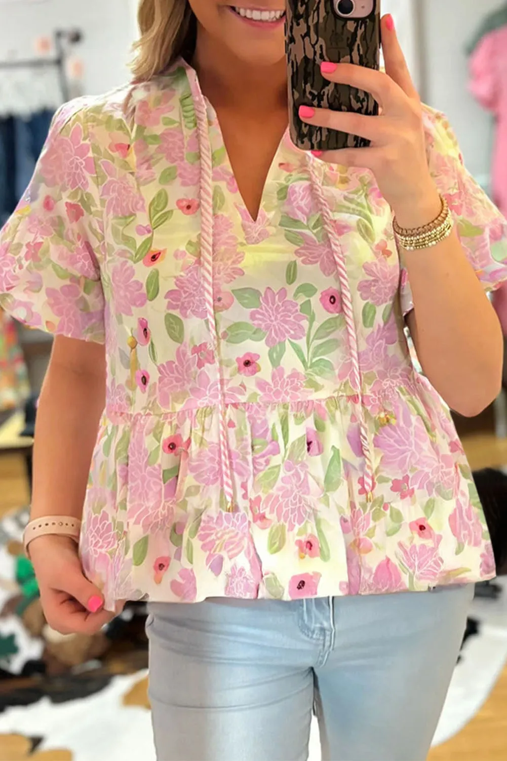 Pink Floral Print Drawstring V Neck Peplum Blouse for Women