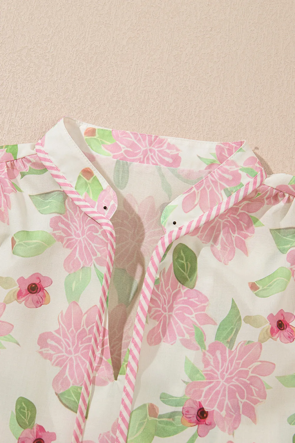 Pink Floral Print Drawstring V Neck Peplum Blouse for Women