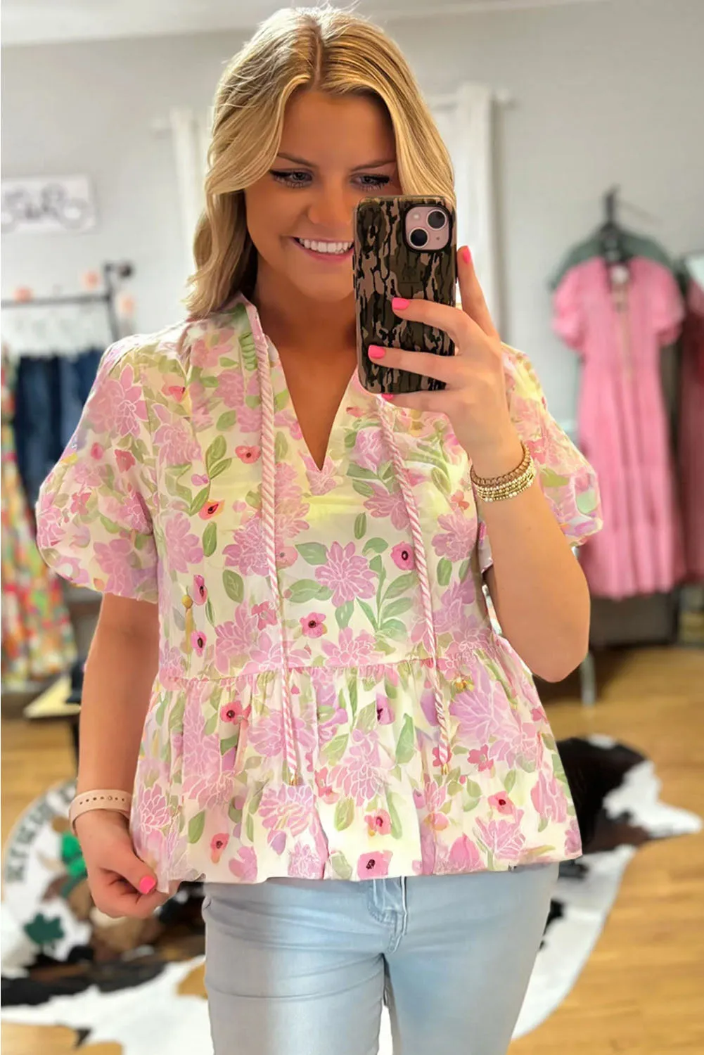 Pink Floral Print Drawstring V Neck Peplum Blouse for Women