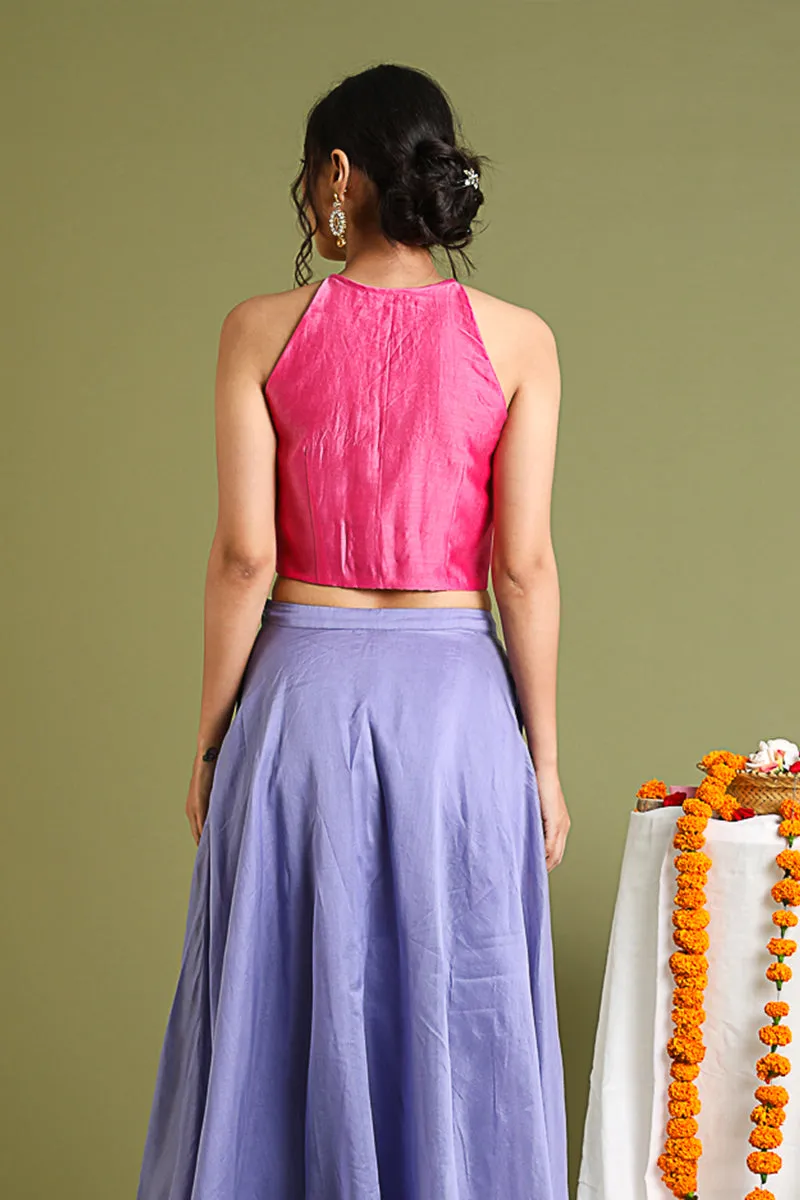 Pink Halter Neck Blouse with Front Buttons in Chanderi Handloom