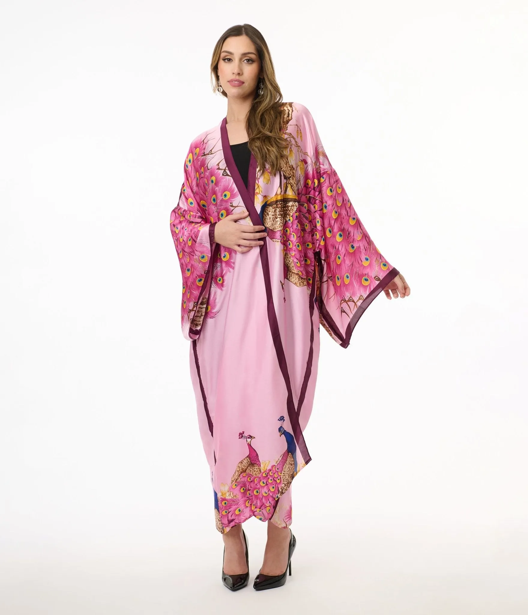 Pink Peacock Satin Kimono