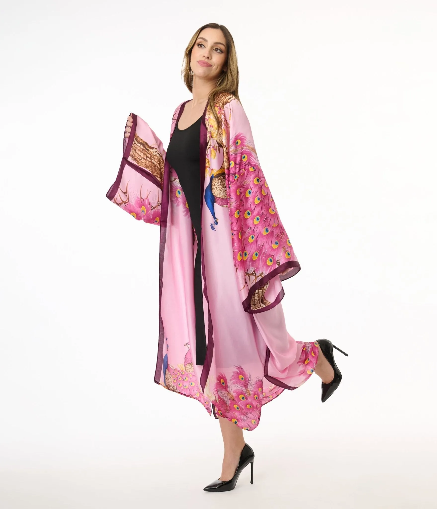 Pink Peacock Satin Kimono
