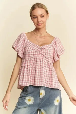 Plaid Puff Sleeves Ruffled Smocked Blouse For Women – Cottagecore Inspired Plaid Fluttering Top with Smocking, Peplum & Puff Sleeves