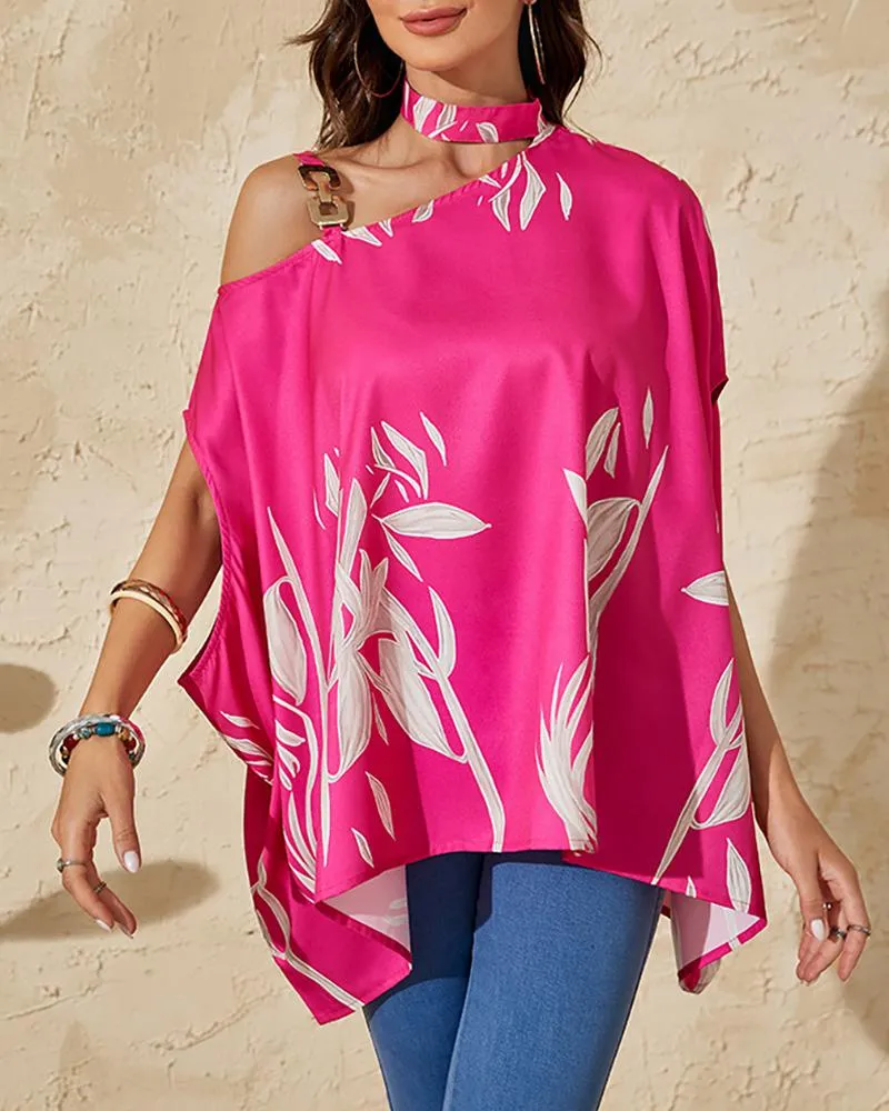 Plants Print Chain Strap Cold Shoulder Top