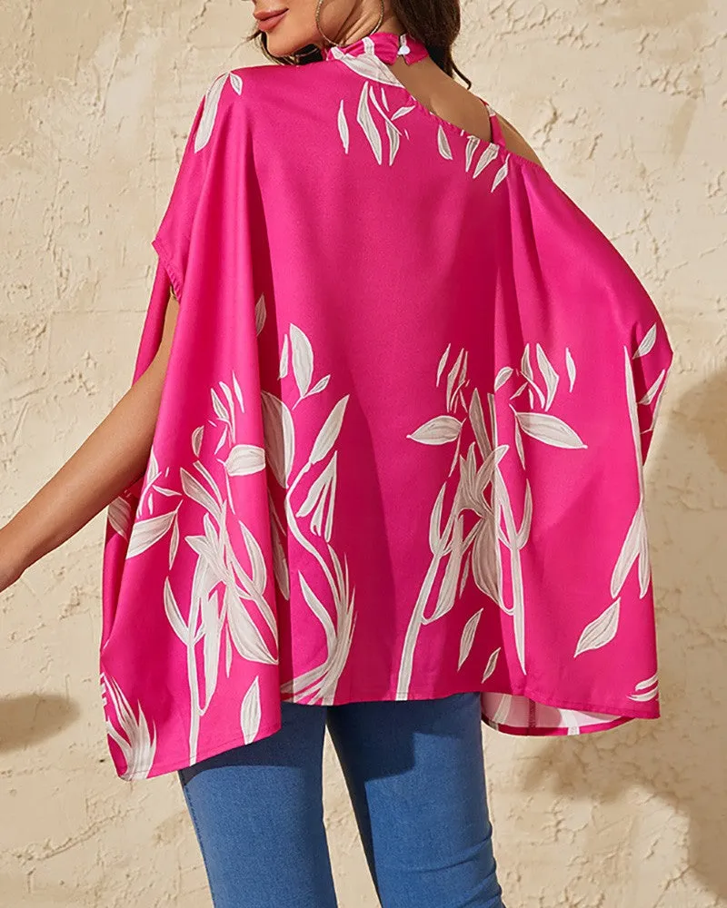 Plants Print Chain Strap Cold Shoulder Top