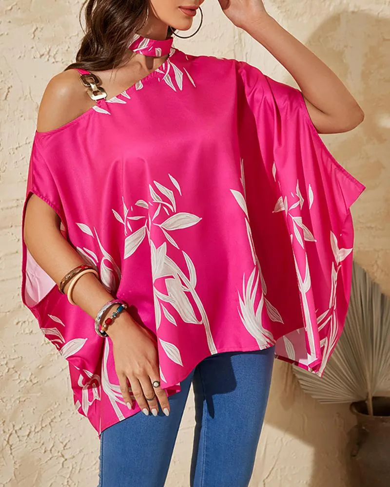 Plants Print Chain Strap Cold Shoulder Top