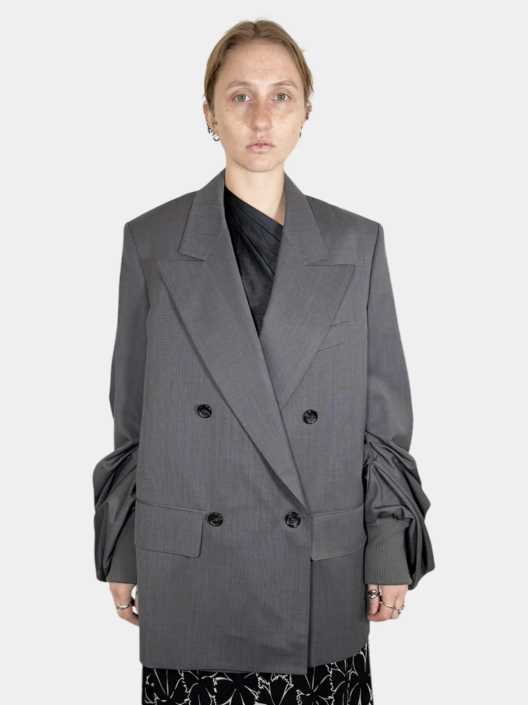 Pleated Sleeve Double-Breasted Blazer