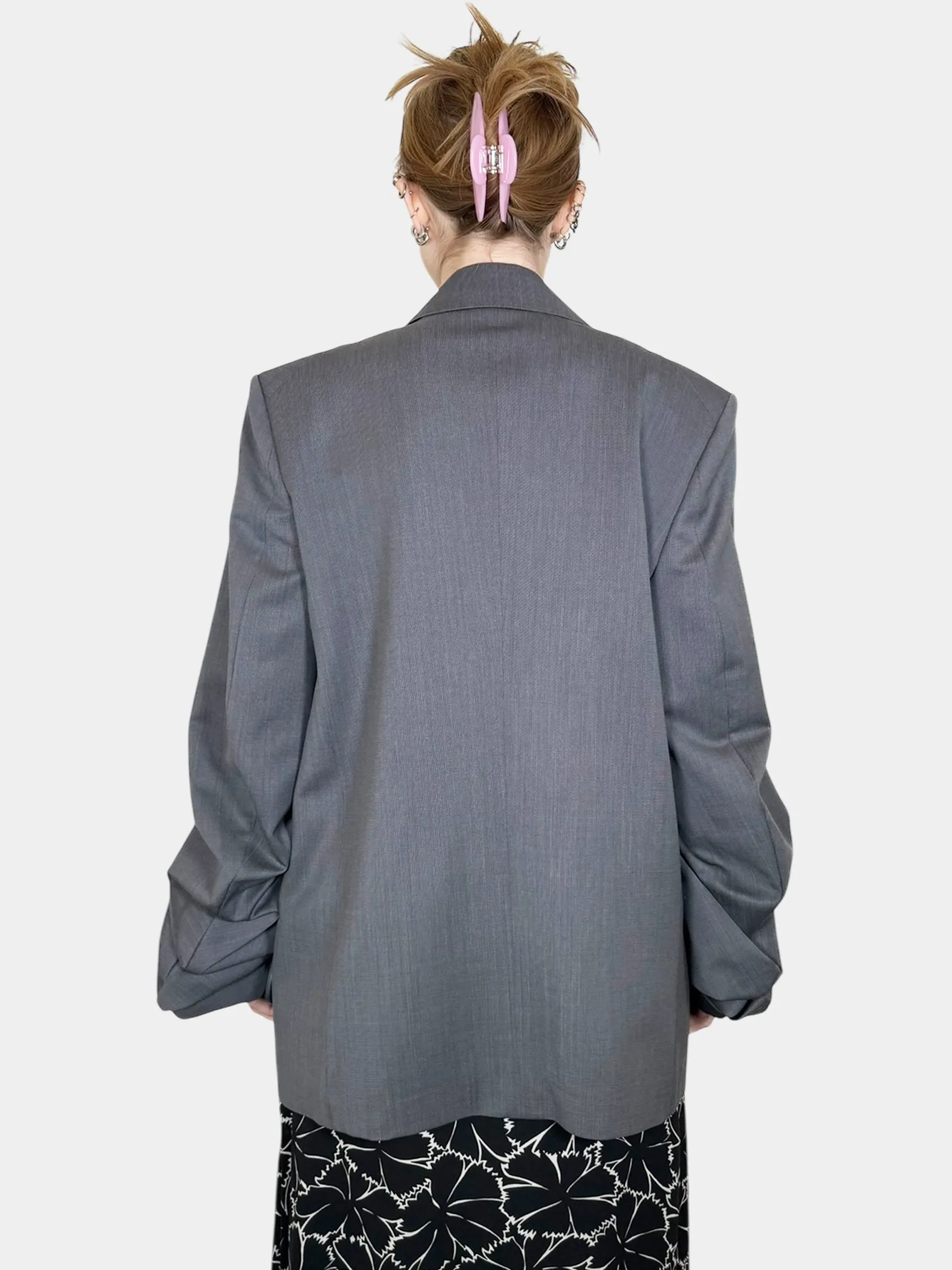 Pleated Sleeve Double-Breasted Blazer