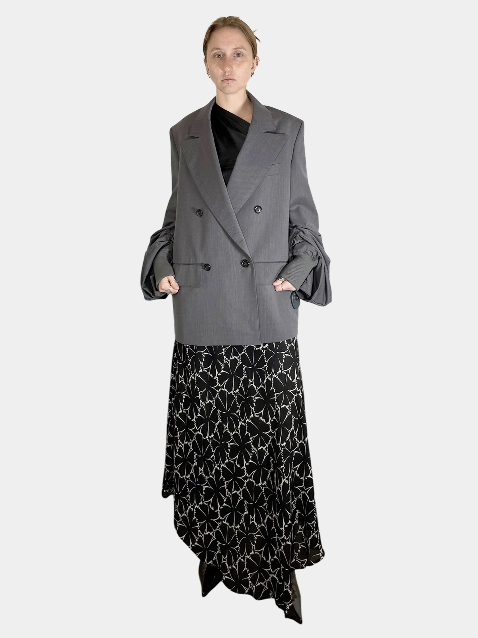 Pleated Sleeve Double-Breasted Blazer