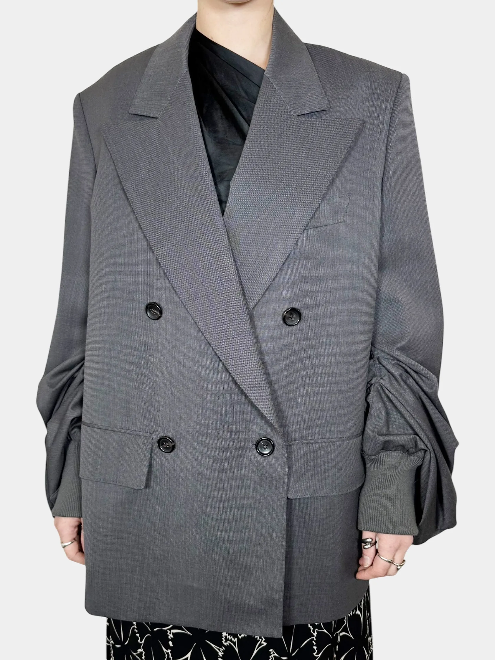 Pleated Sleeve Double-Breasted Blazer
