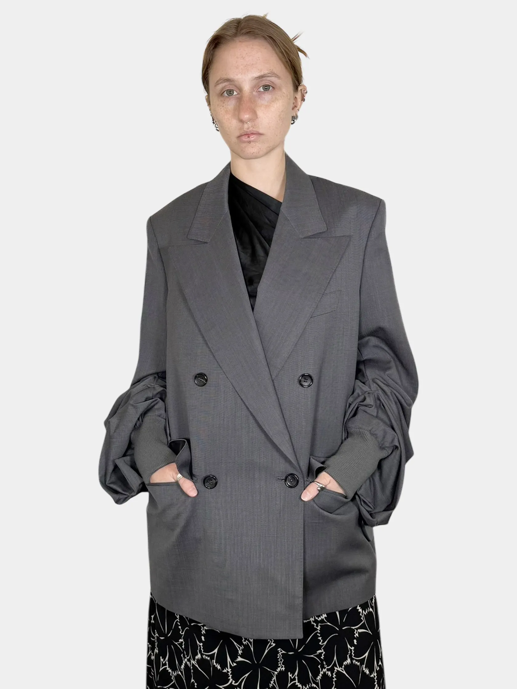 Pleated Sleeve Double-Breasted Blazer