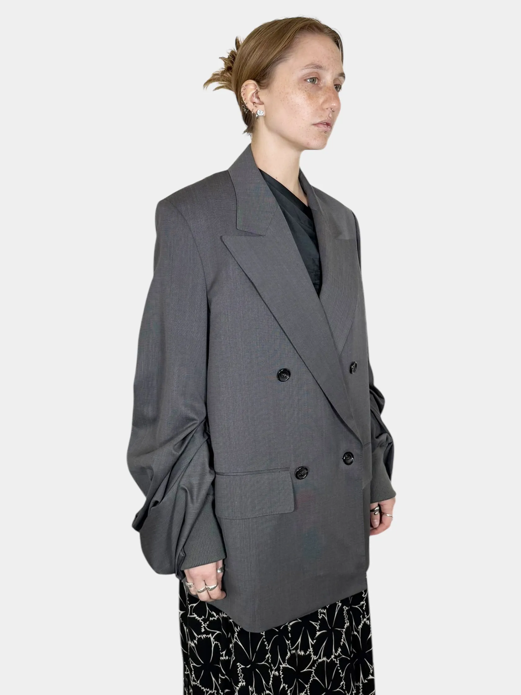 Pleated Sleeve Double-Breasted Blazer