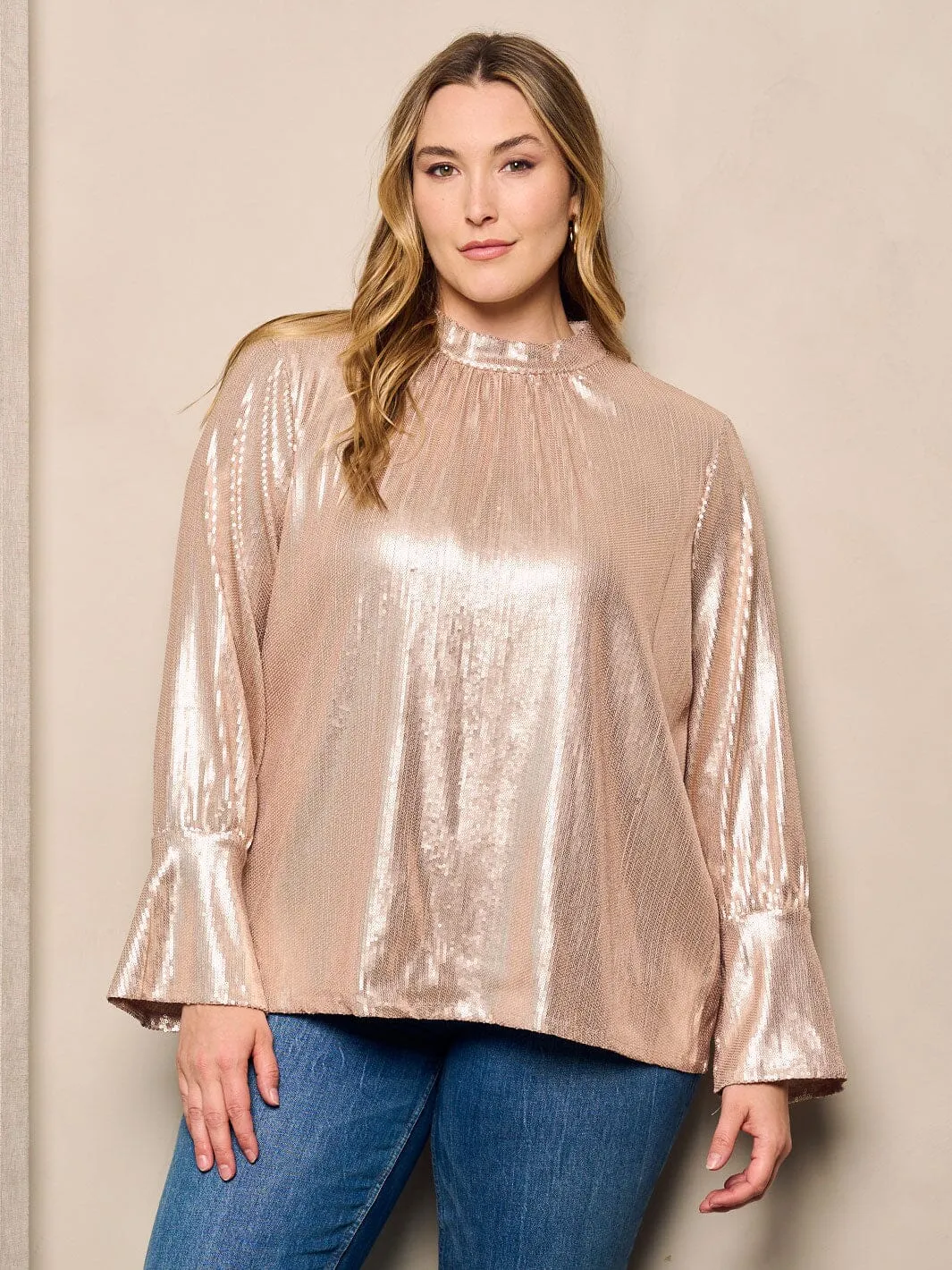 PLUS SIZE LONG BELL SLEEVE SEQUINS DETAILED BLOUSE TOP