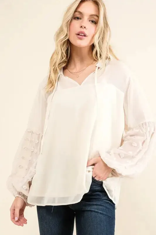 Polka Dot Balloon Sleeve Woven Cream Blouse – Playful, Feminine, and On-Trend Style