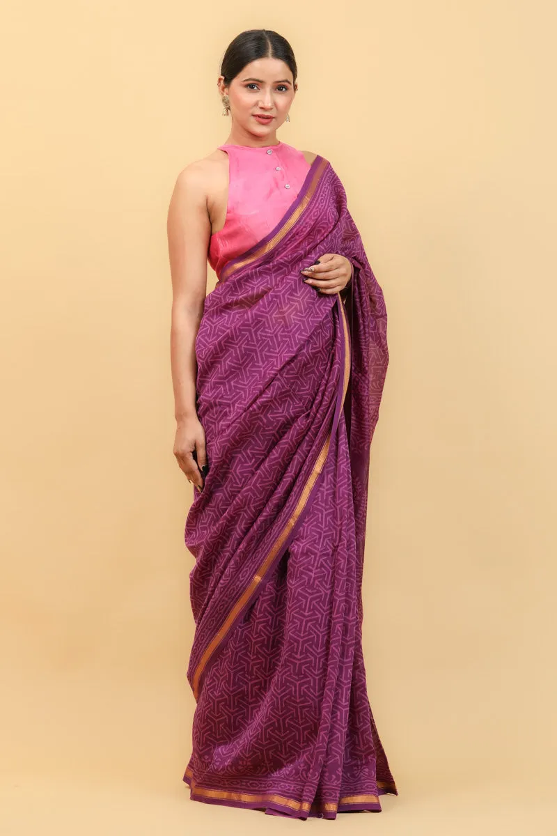Purple Chanderi Saree With Hand Block Print & Pencil Border