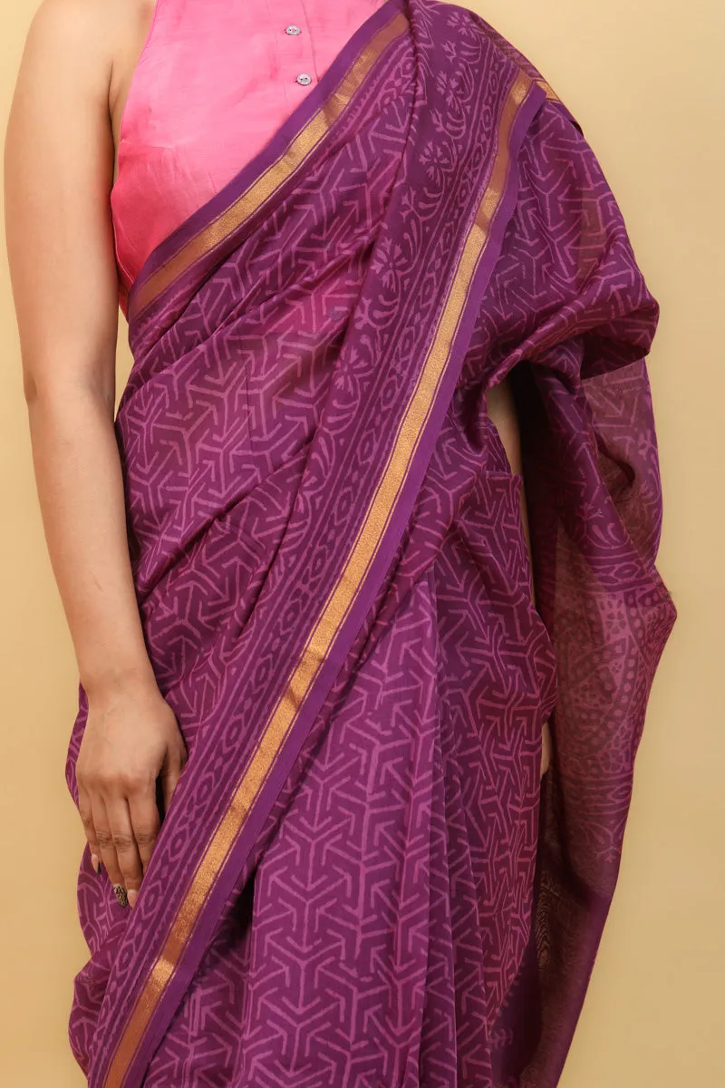 Purple Chanderi Saree With Hand Block Print & Pencil Border