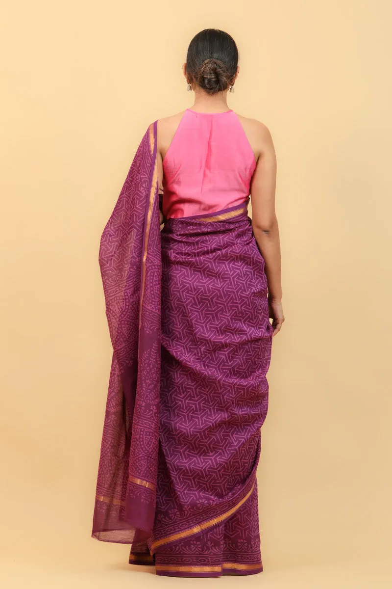 Purple Chanderi Saree With Hand Block Print & Pencil Border