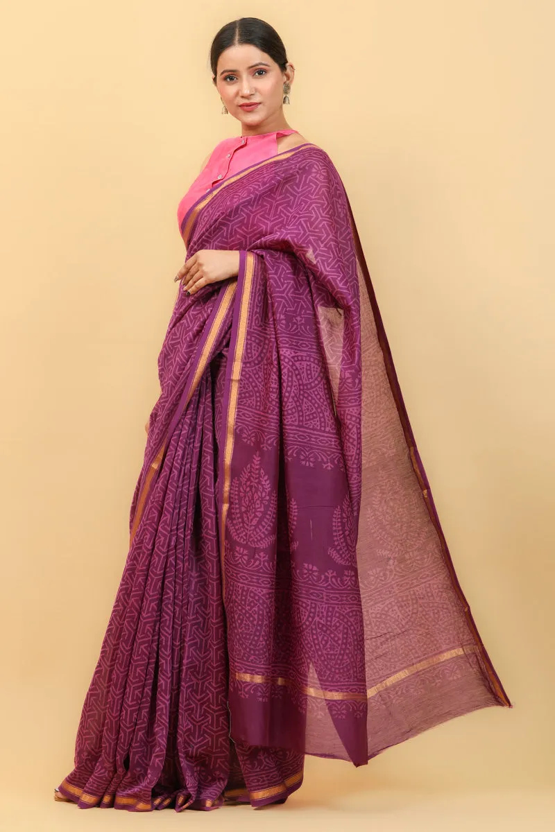 Purple Chanderi Saree With Hand Block Print & Pencil Border