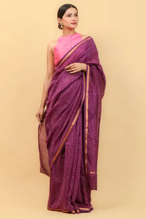 Purple Chanderi Saree With Hand Block Print & Pencil Border