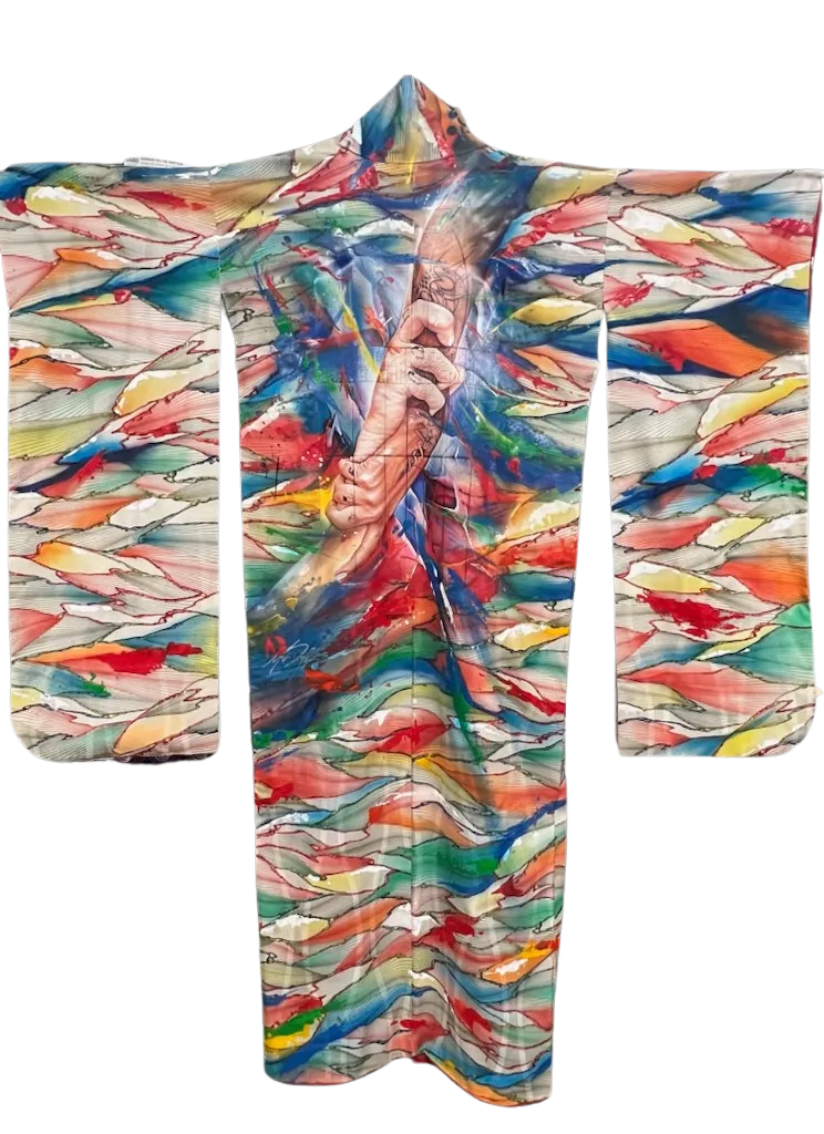 "Stronger Together" WITH BONUS ART - Reimagined Vintage Kimono - Kimono Zulu Artist Collaboration with Mr.D 1987