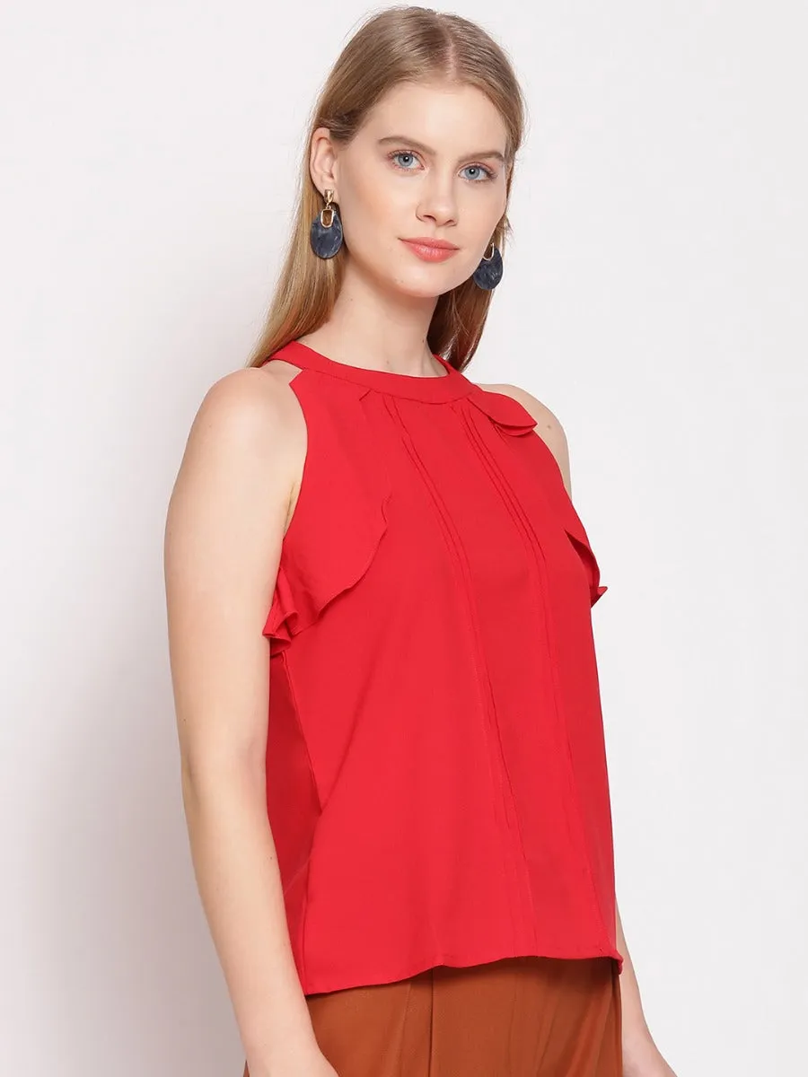 Red Solid Ruffle Top