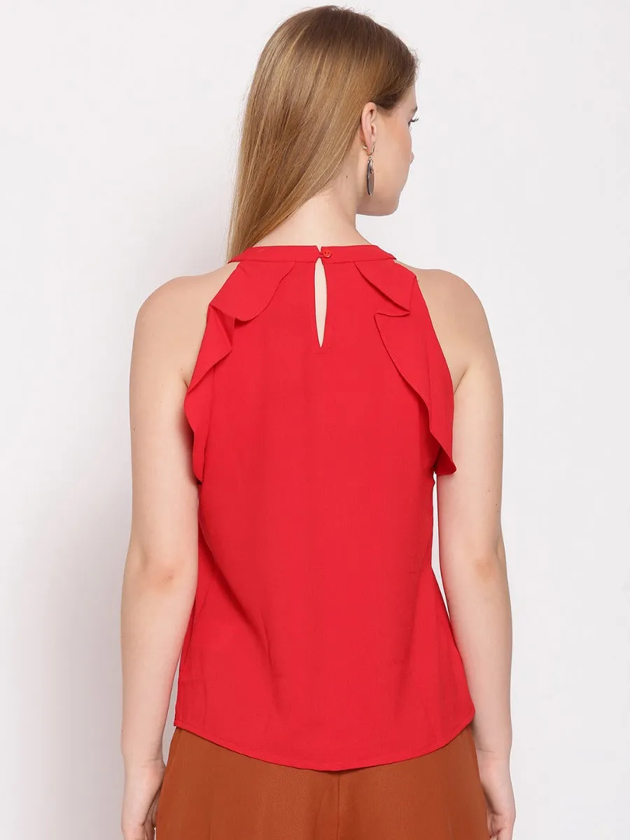 Red Solid Ruffle Top