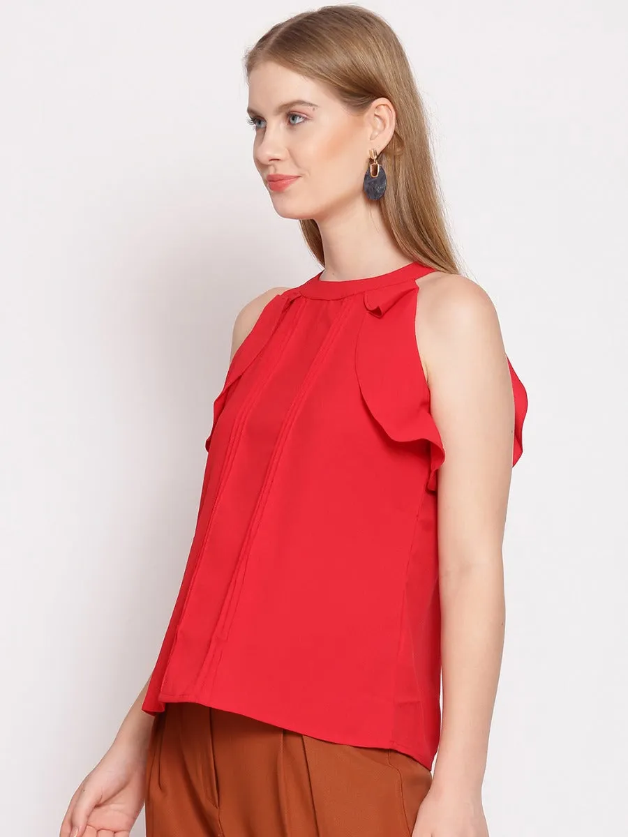 Red Solid Ruffle Top