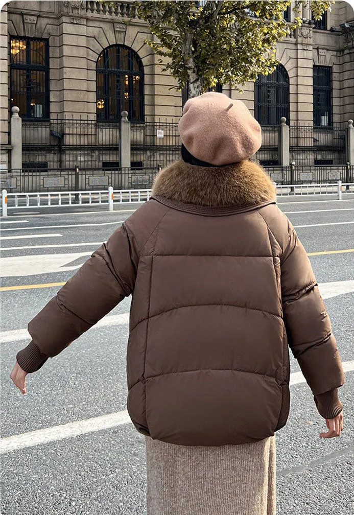 Relaxed-fit Solid Puffer Jacket for Women Featuring a Quilted Design