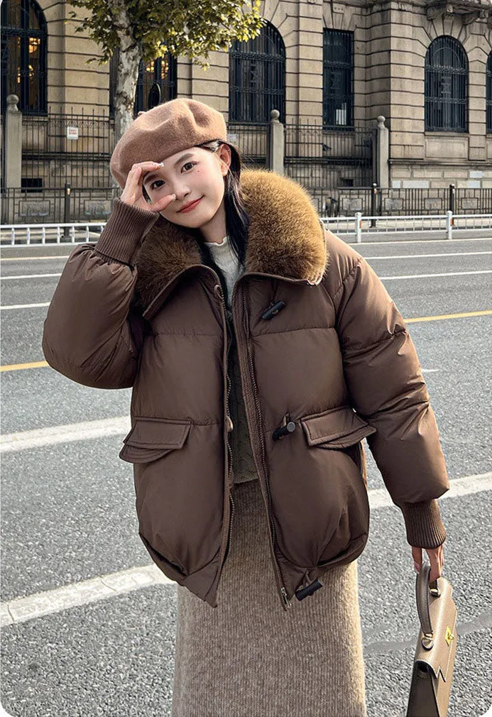 Relaxed-fit Solid Puffer Jacket for Women Featuring a Quilted Design