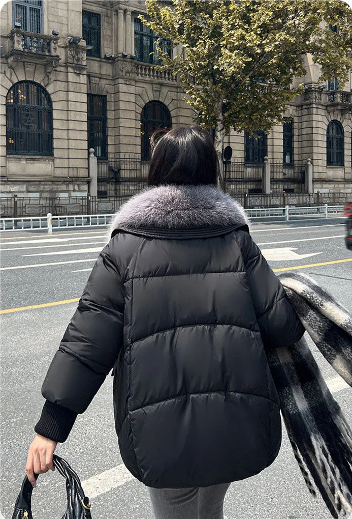 Relaxed-fit Solid Puffer Jacket for Women Featuring a Quilted Design