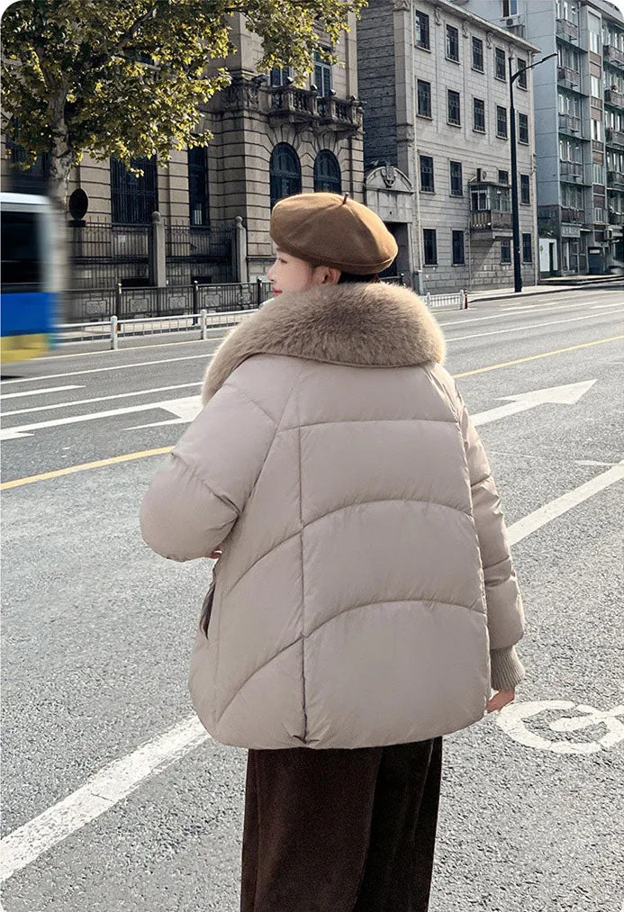 Relaxed-fit Solid Puffer Jacket for Women Featuring a Quilted Design