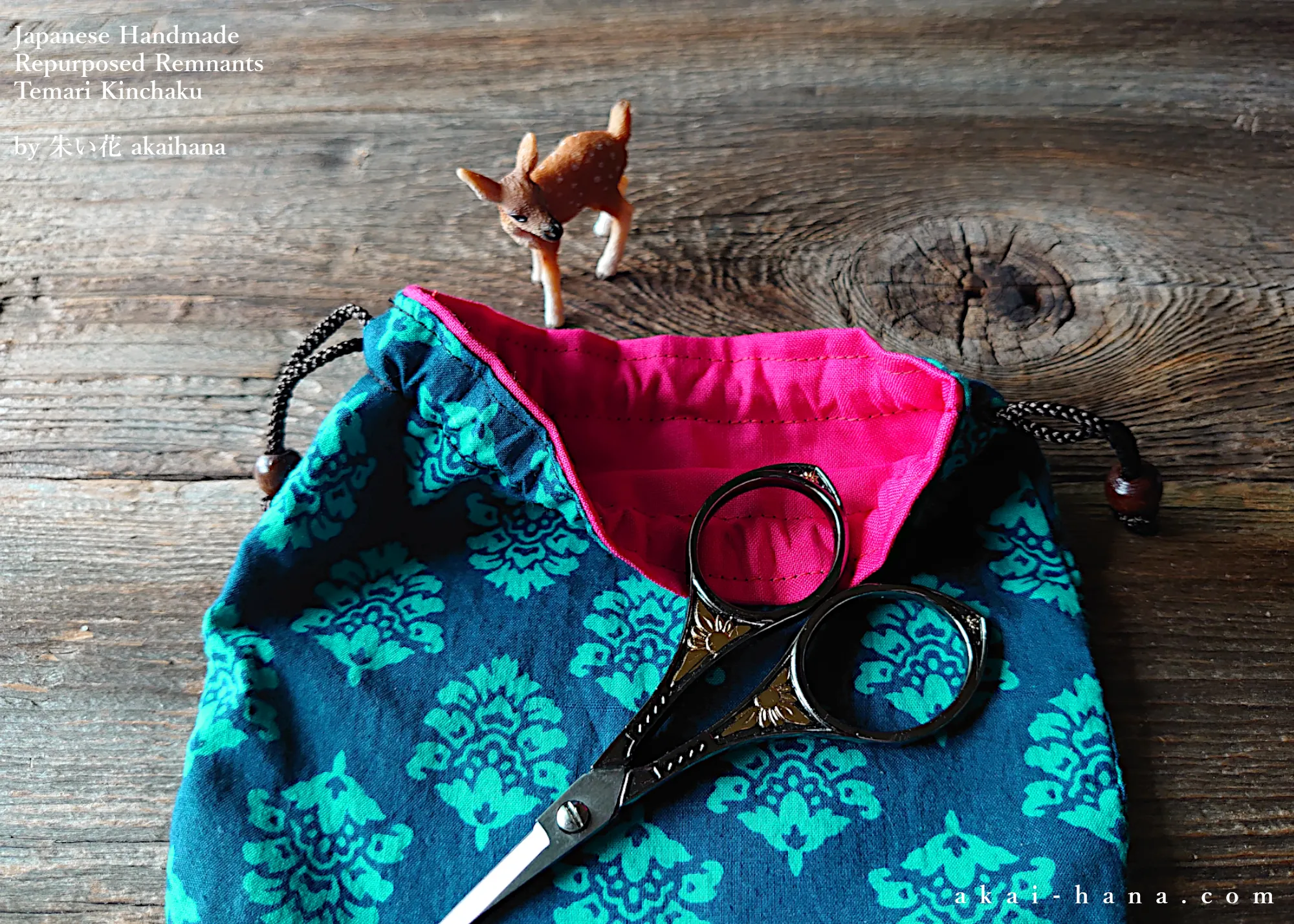 Repurposed Indian Calico Temari Kinchaku (drawstring) Purse, Blue x Turquoise, tkvu0002