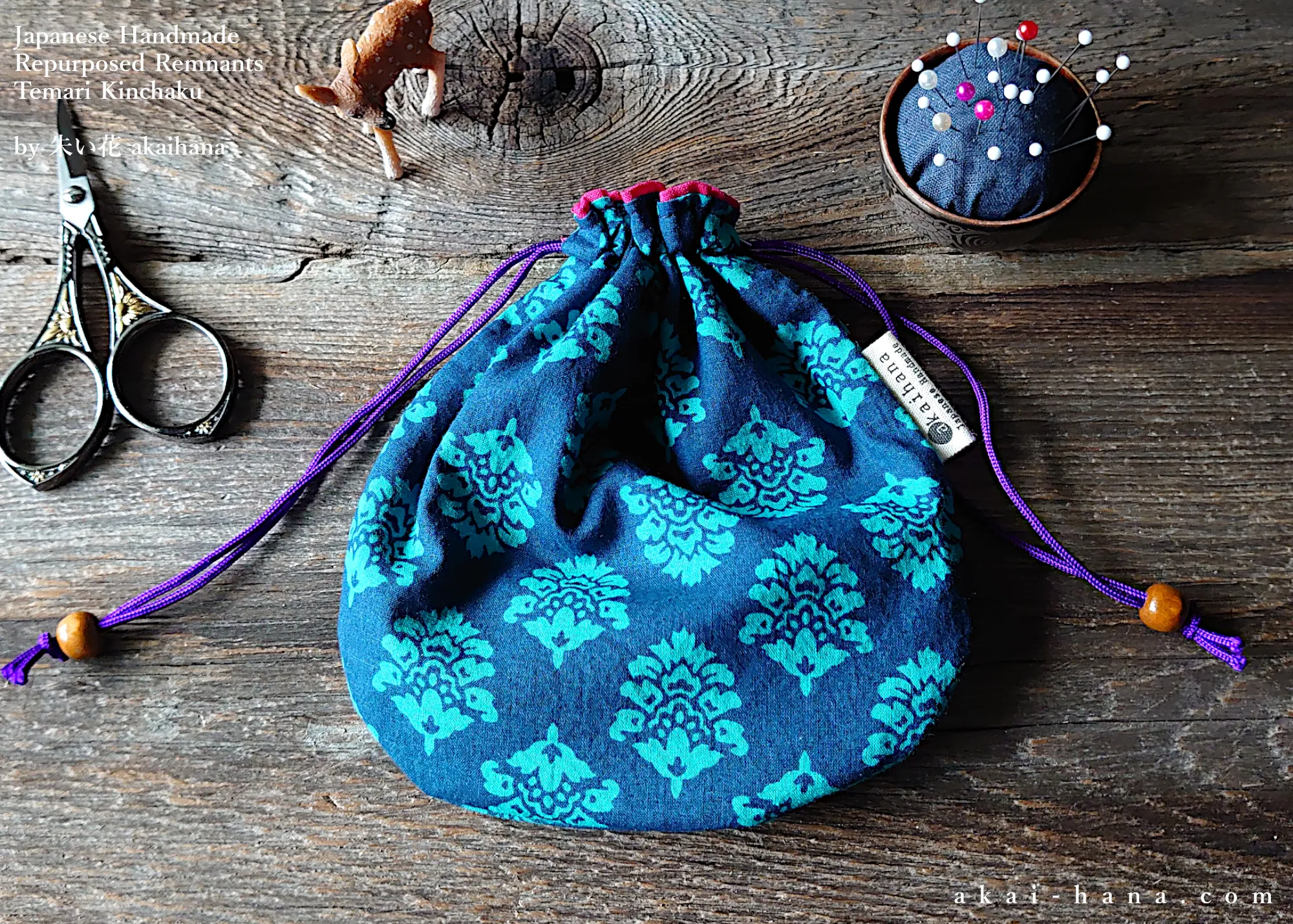 Repurposed Indian Calico Temari Kinchaku (drawstring) Purse, Blue x Turquoise, tkvu0002