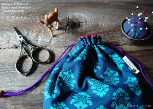 Repurposed Indian Calico Temari Kinchaku (drawstring) Purse, Blue x Turquoise, tkvu0002