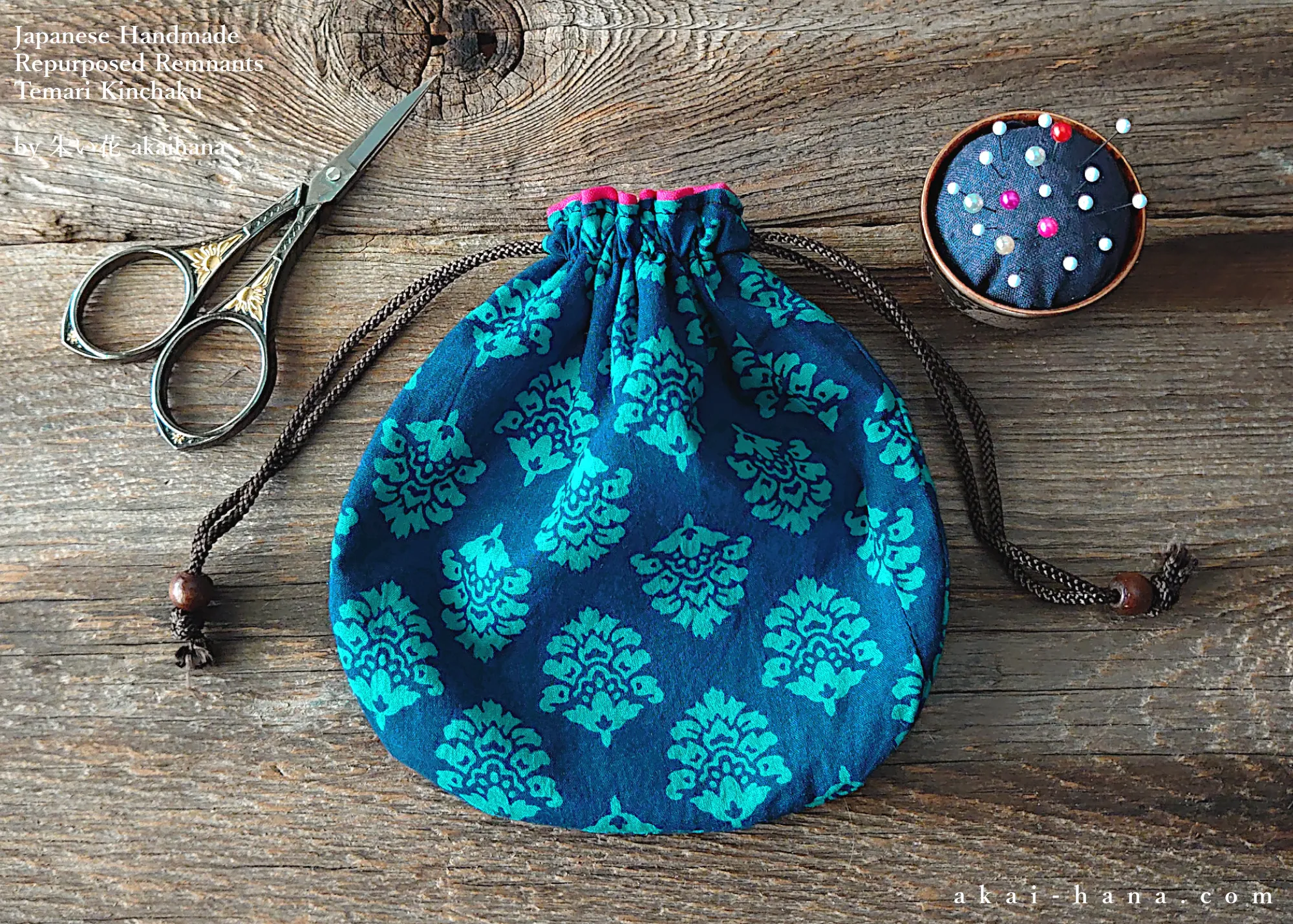 Repurposed Indian Calico Temari Kinchaku (drawstring) Purse, Blue x Turquoise, tkvu0002