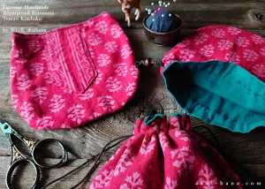 Repurposed Indian Calico Temari Kinchaku (drawstring) Purse, Red, tkvu0005