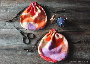 Repurposed Vintage Kimono Temari Kinchaku Purse, Orange Floral, tkvk0004