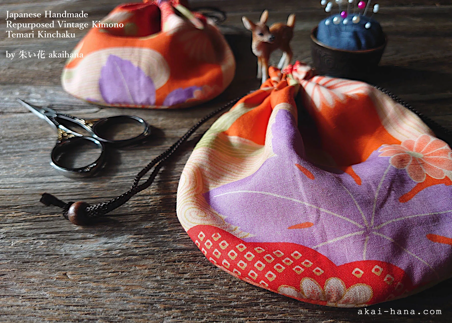 Repurposed Vintage Kimono Temari Kinchaku Purse, Orange Floral, tkvk0004
