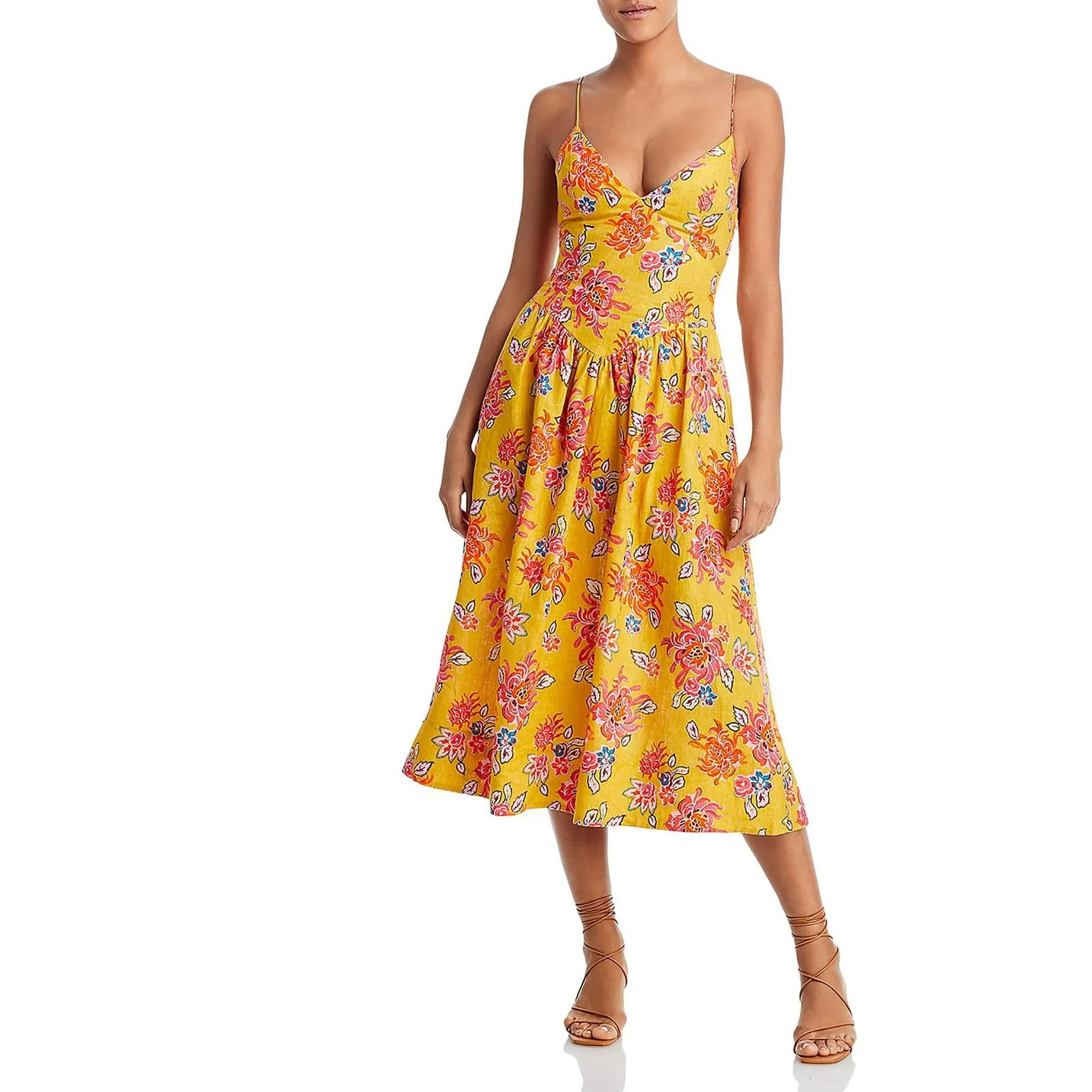 Rhode Resort Yellow floral Sophie Linen Midi Dress UK 10