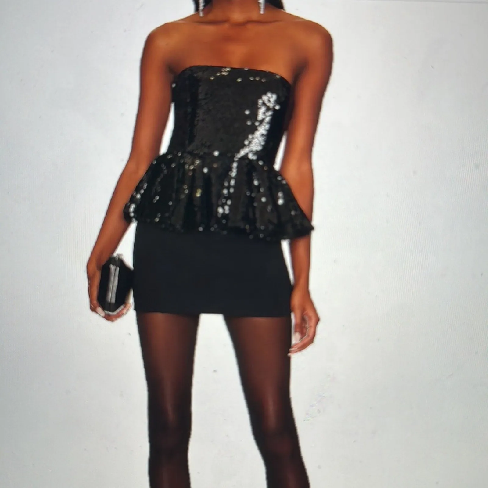 RONNY KOBO Women's Nelli Sequin Peplum Tube Top - Strapless Crop Top in Black, Medium