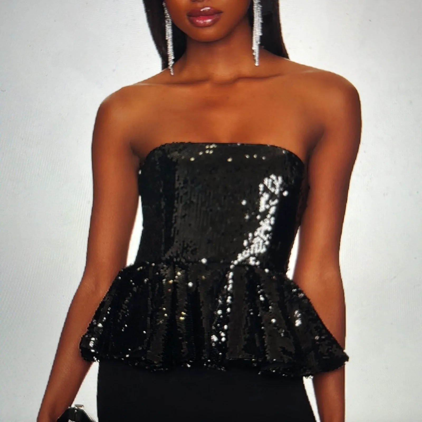 RONNY KOBO Women's Nelli Sequin Peplum Tube Top - Strapless Crop Top in Black, Medium
