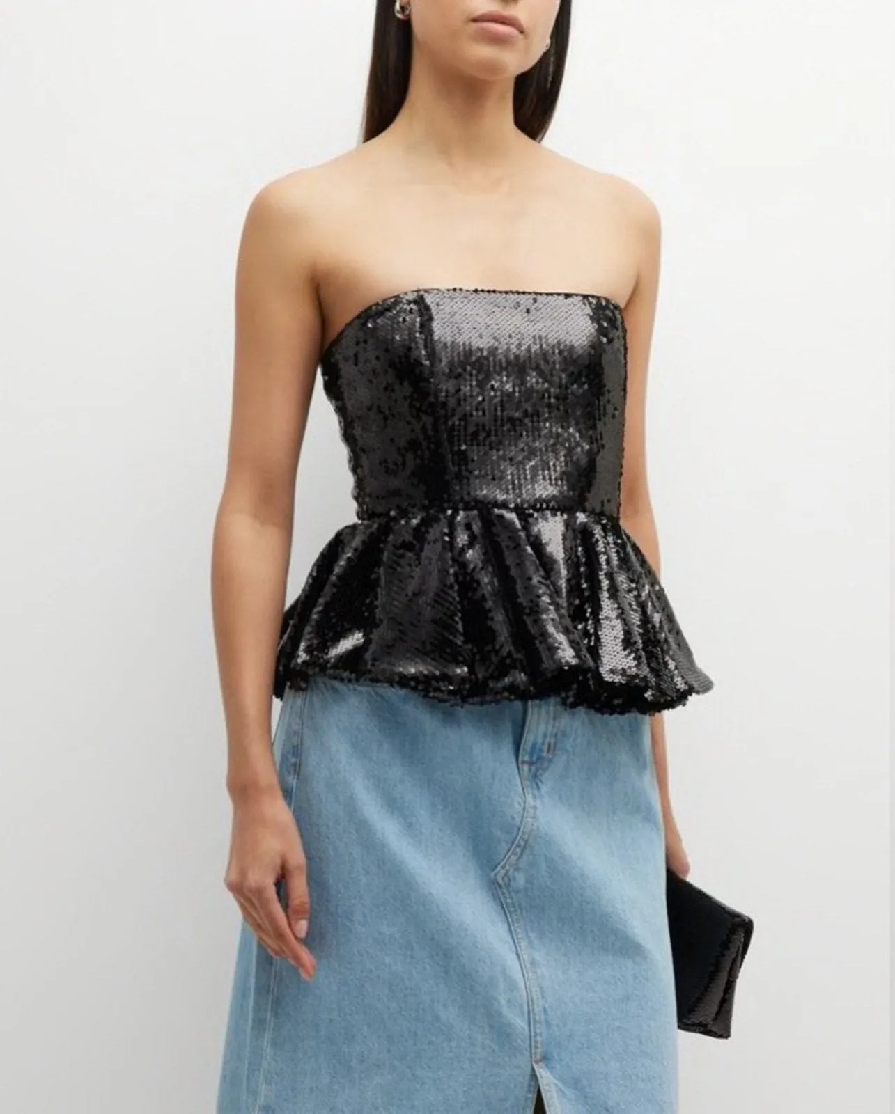 RONNY KOBO Women's Nelli Sequin Peplum Tube Top - Strapless Crop Top in Black, Medium