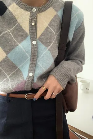 Round Neck Argyle Pattern Cardigan Sweater