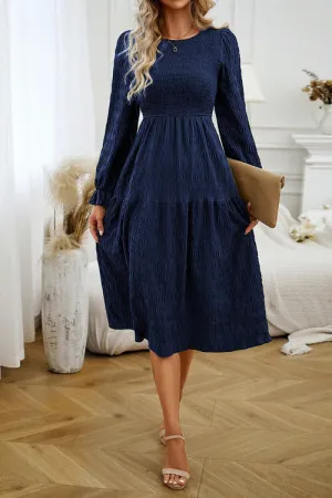 Round Neck Velvet Smocked Flounce Sleeve Dress